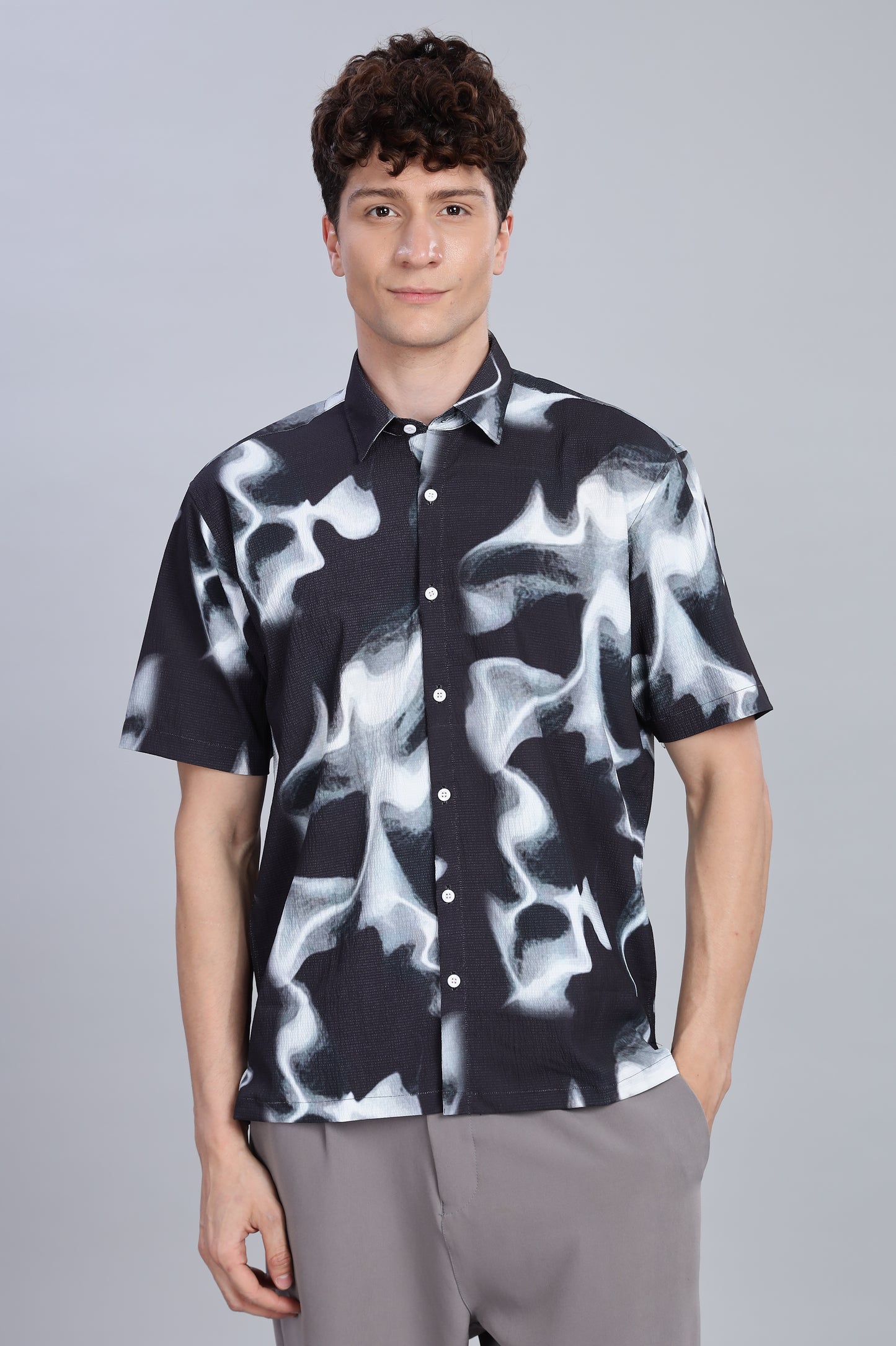 Abstract Print Black and White Half Sleeve Shirt