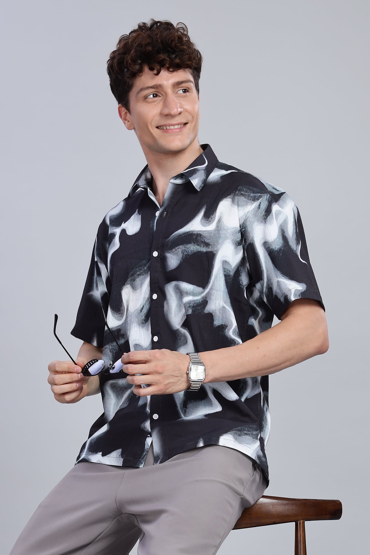 Abstract Print Black and White Half Sleeve Shirt