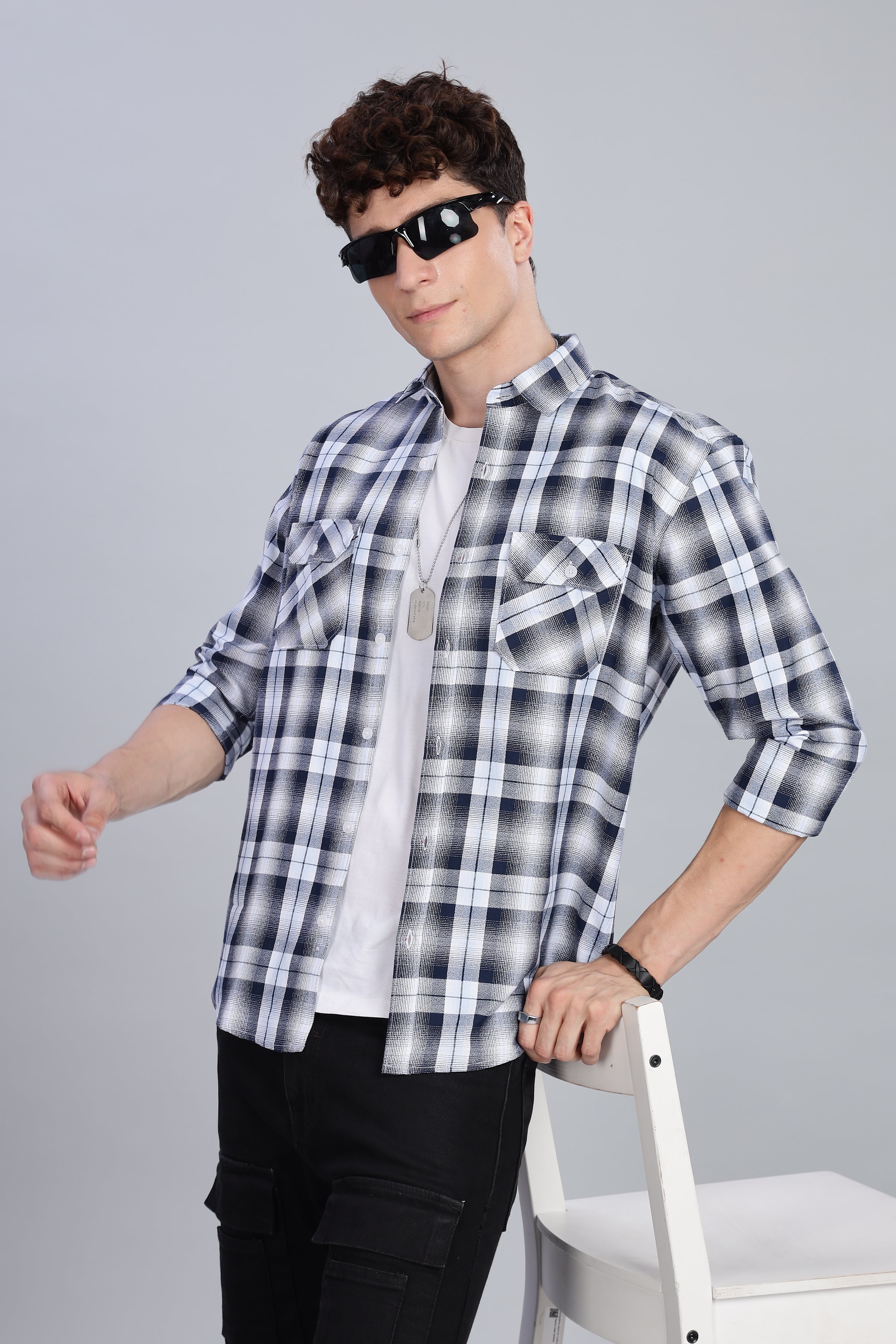 Slate Blue Moss Cotton Streetwear Flannel Checks