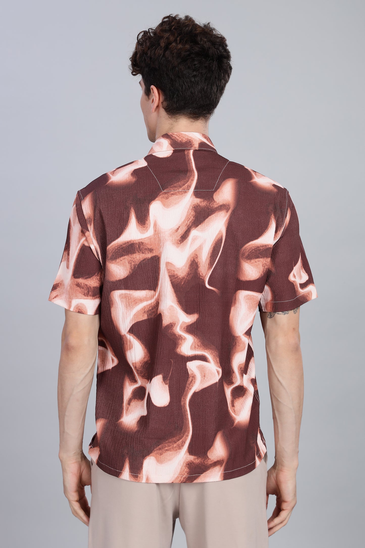 Abstract Print Brown Half Sleeve Shirt