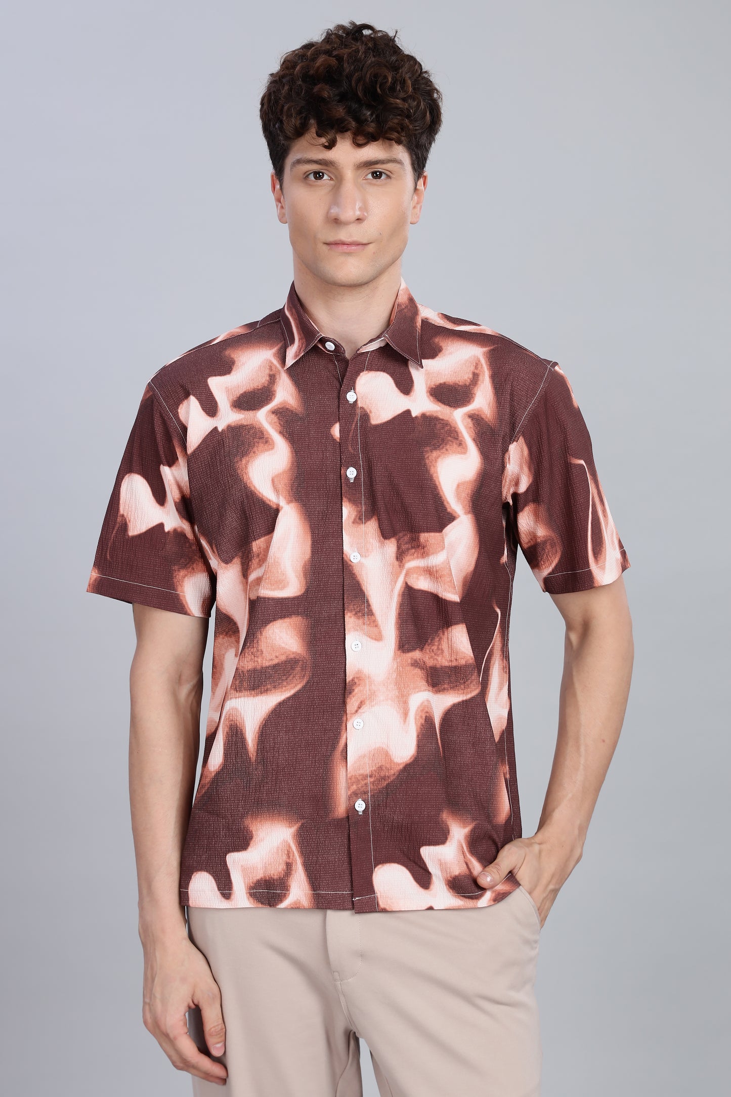 Abstract Print Brown Half Sleeve Shirt