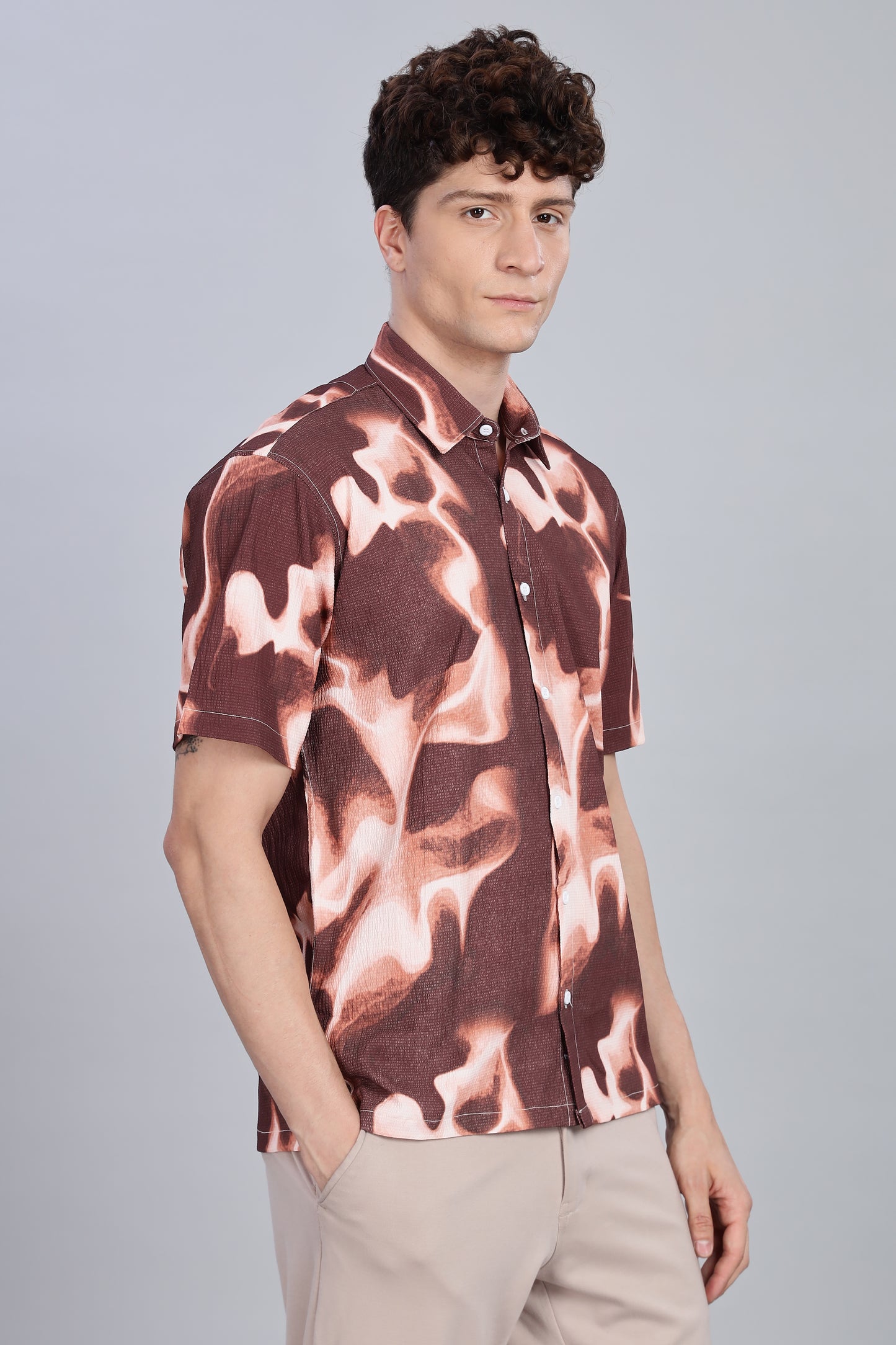 Abstract Print Brown Half Sleeve Shirt