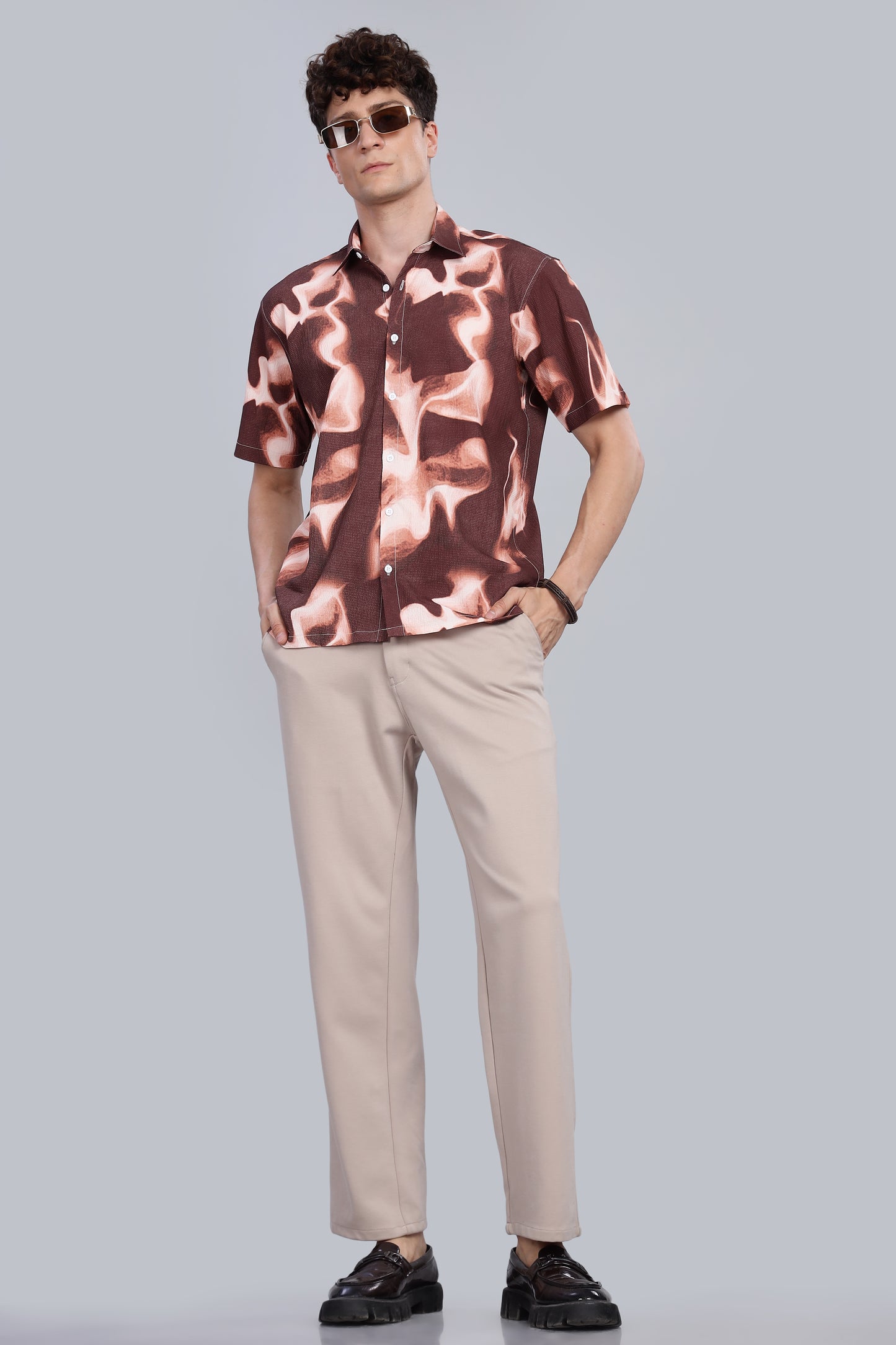 Abstract Print Brown Half Sleeve Shirt