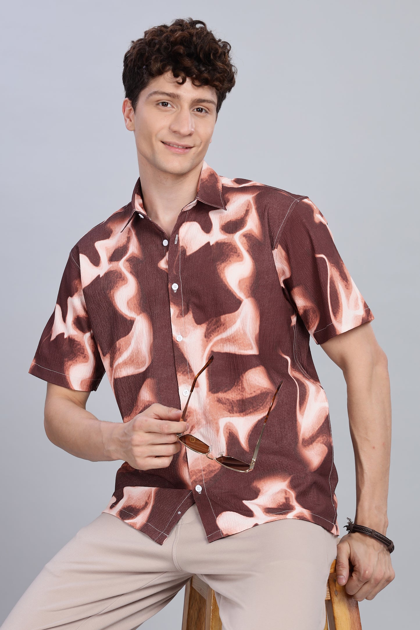 Abstract Print Brown Half Sleeve Shirt