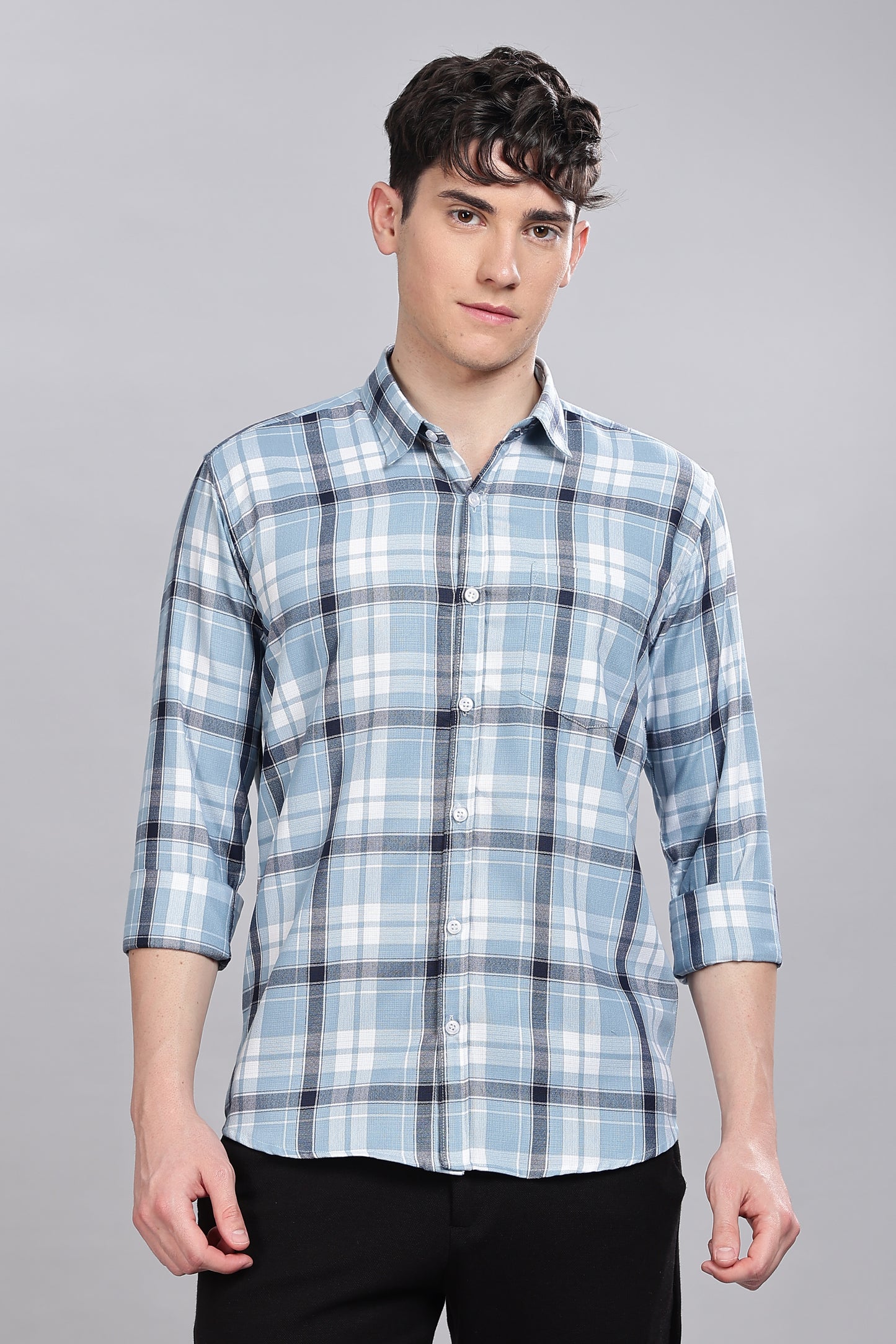 Sky Blue Checks Full Sleeves Shirt