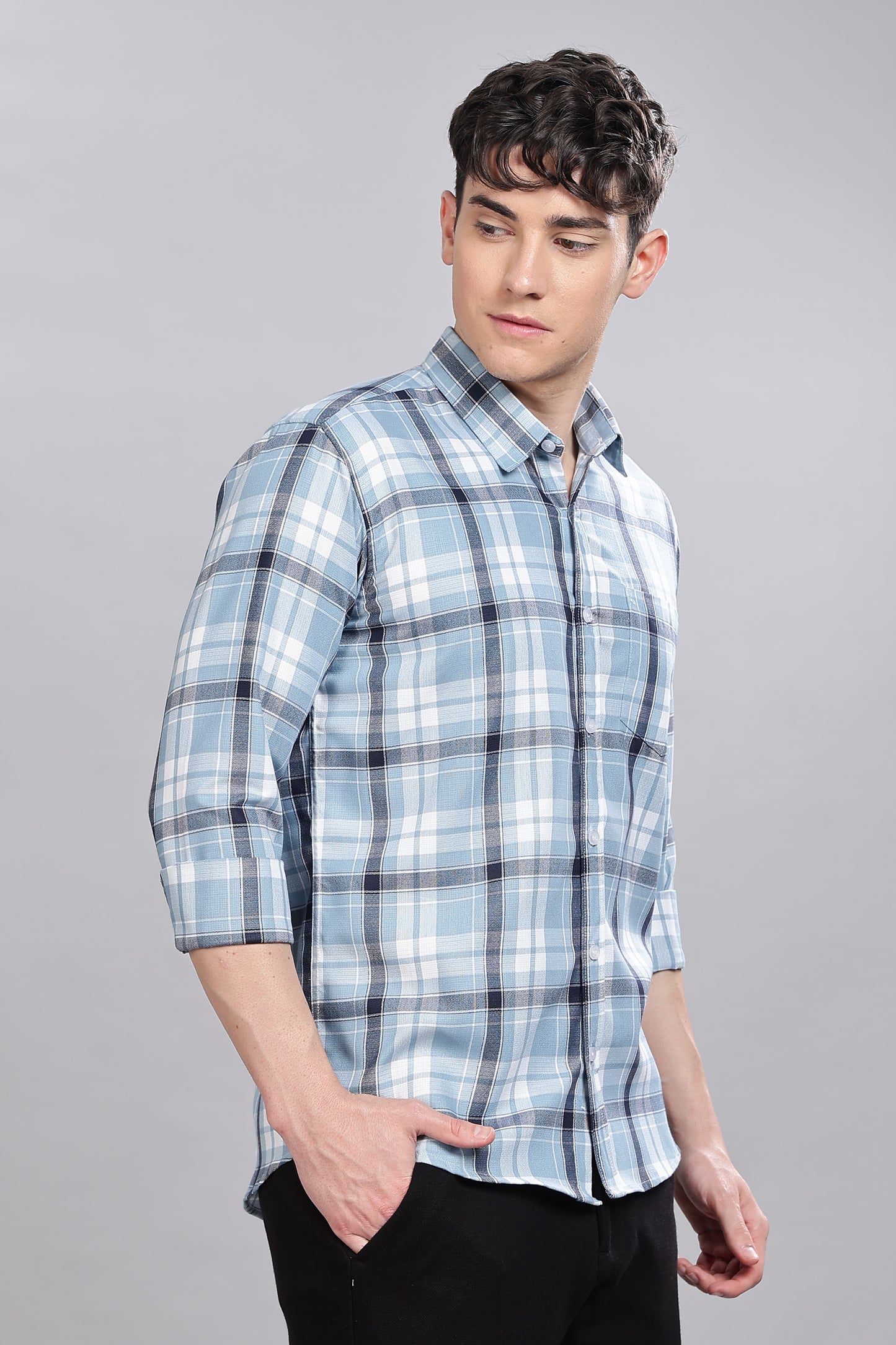 Sky Blue Checks Full Sleeves Shirt