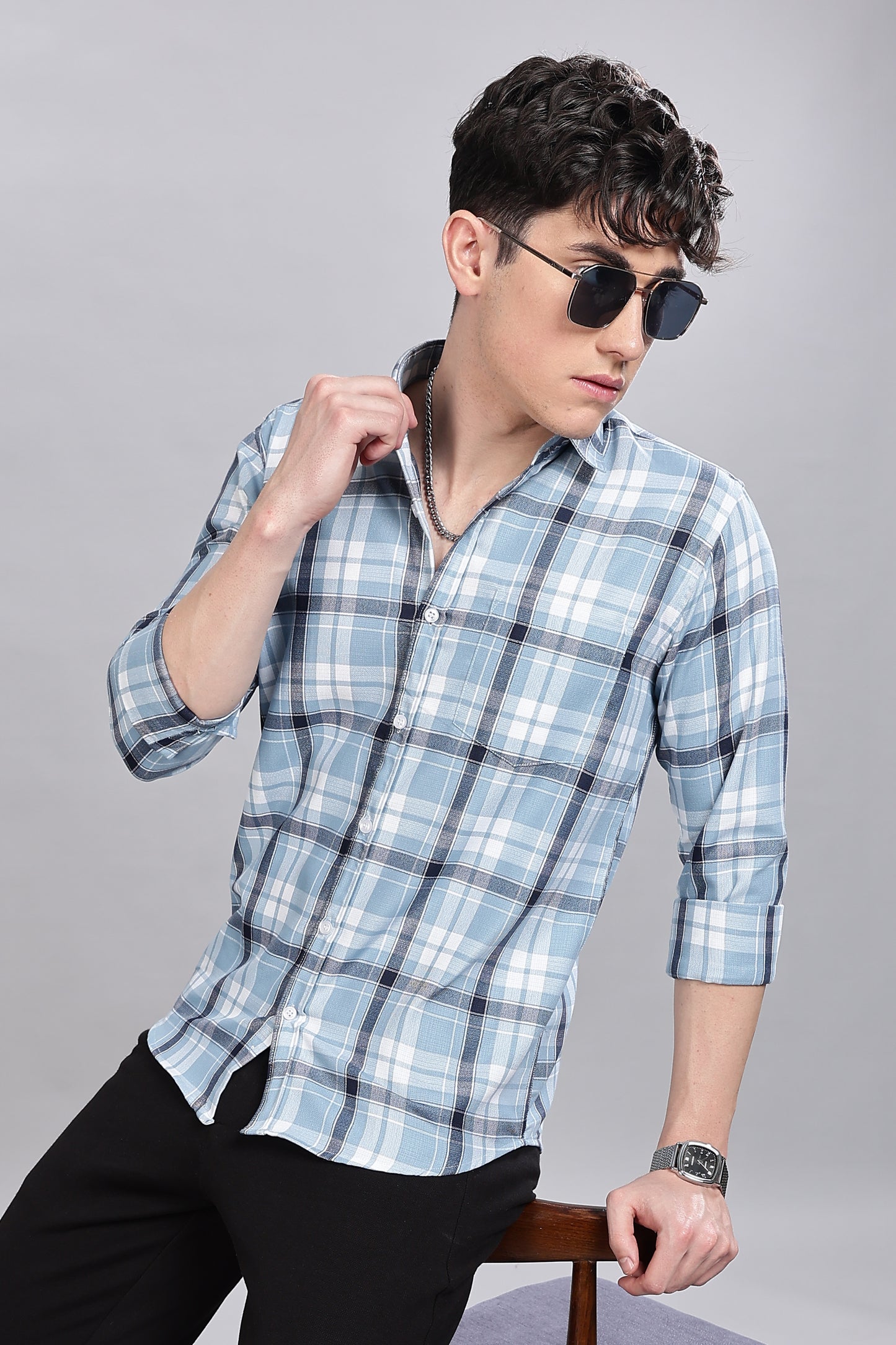 Sky Blue Checks Full Sleeves Shirt