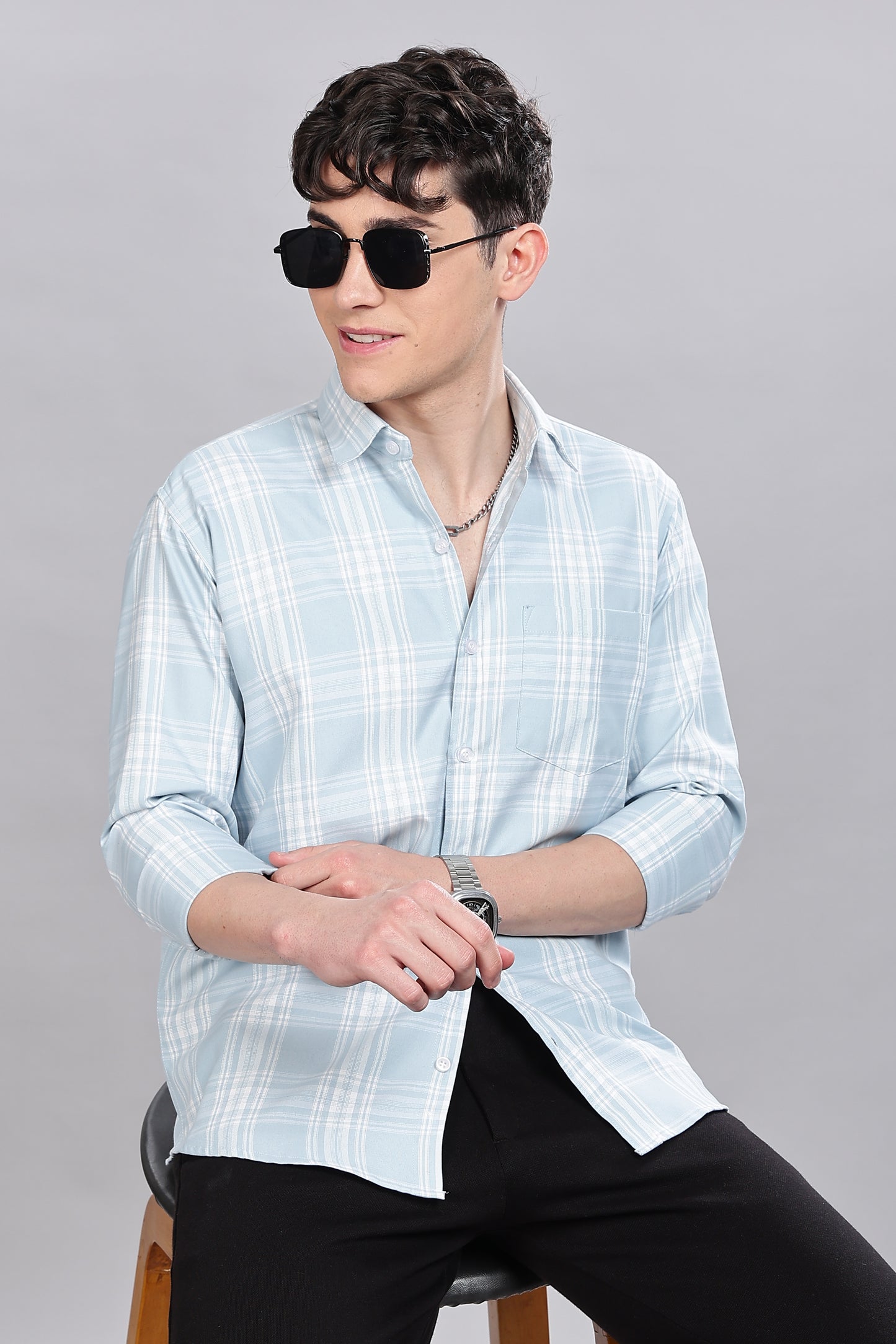 Light Blue Checks Full Sleeves Shirt