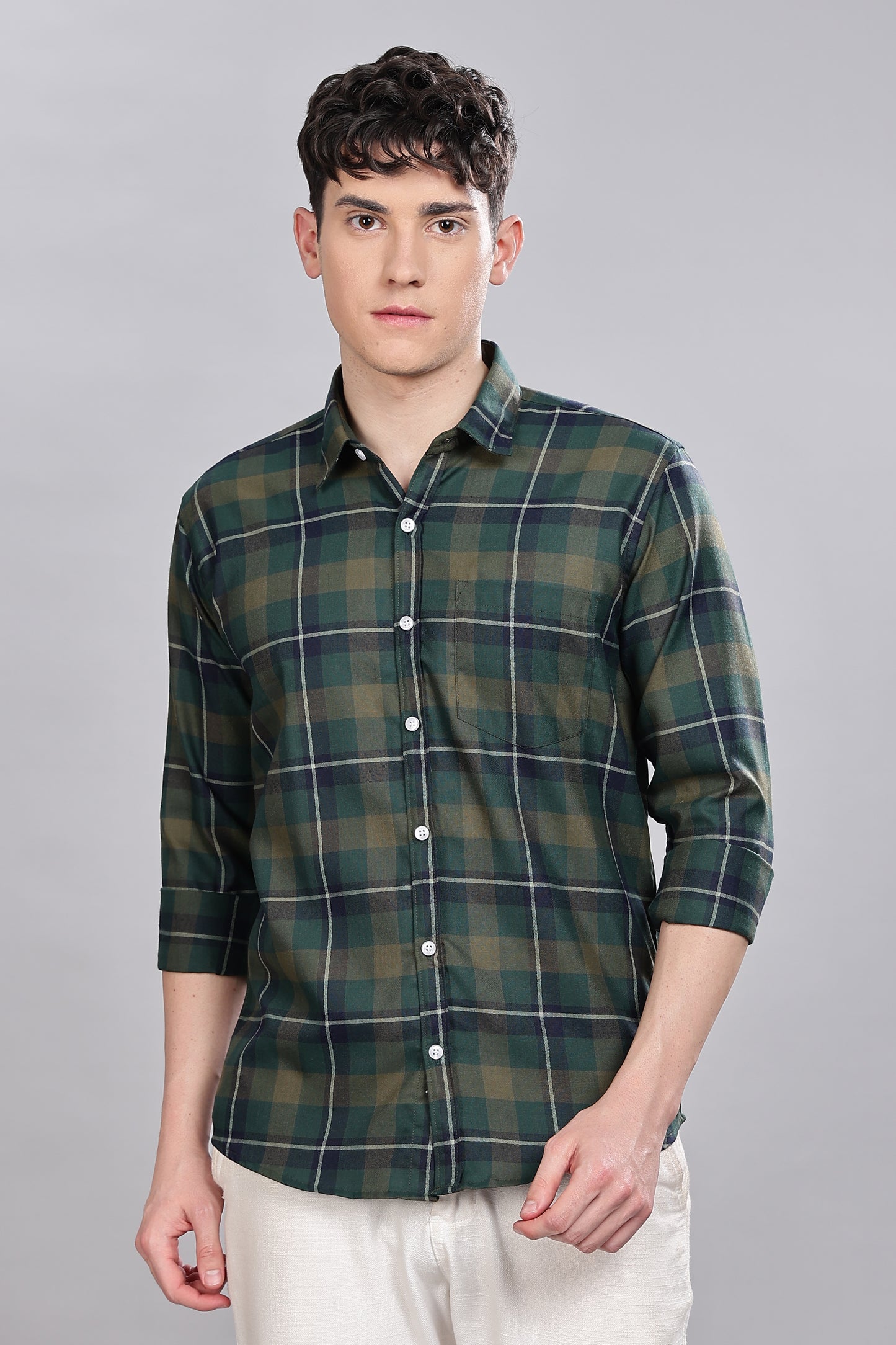 Olive Green Checks Full Sleeves Shirt