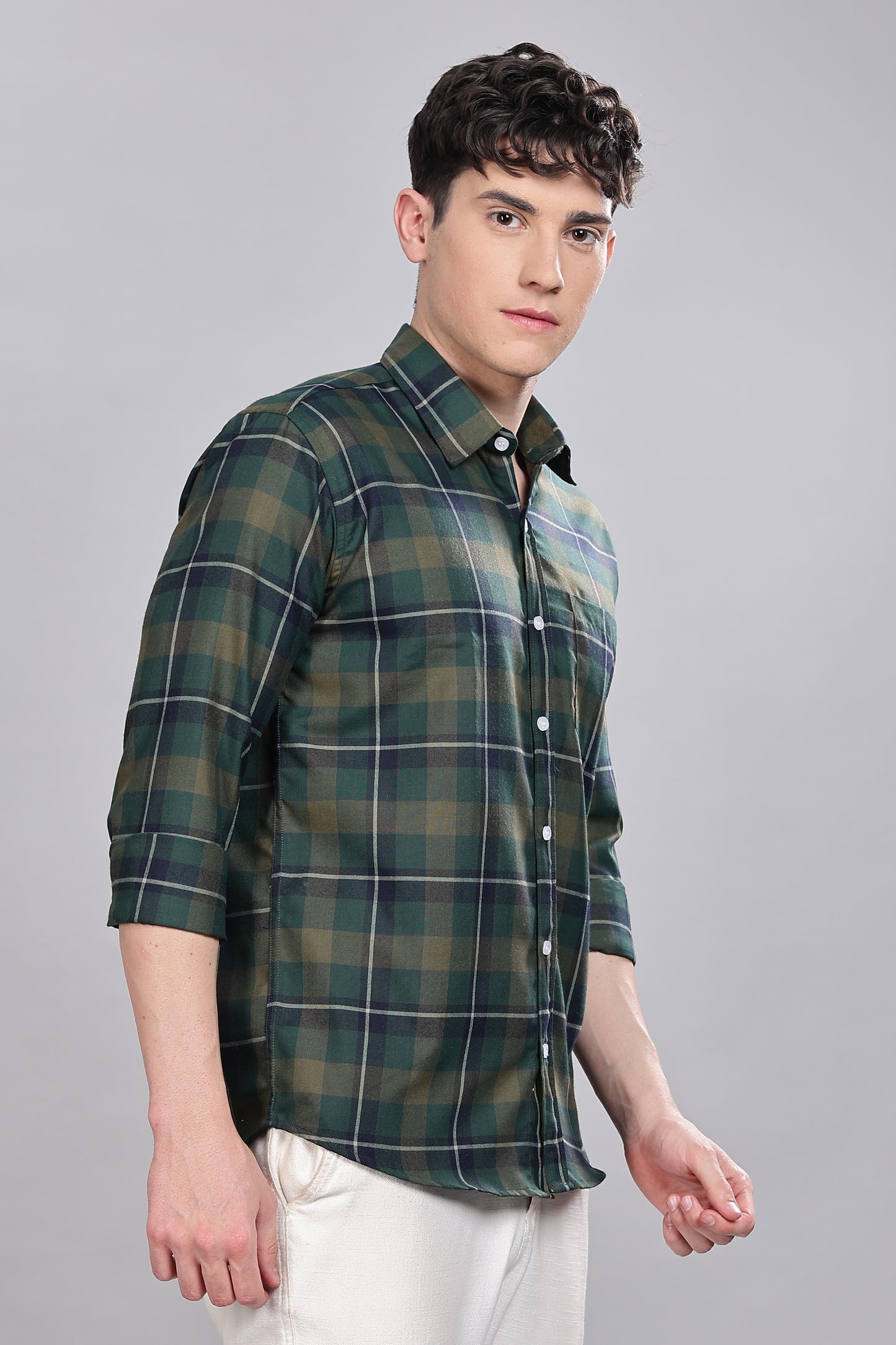 Olive Green Checks Full Sleeves Shirt