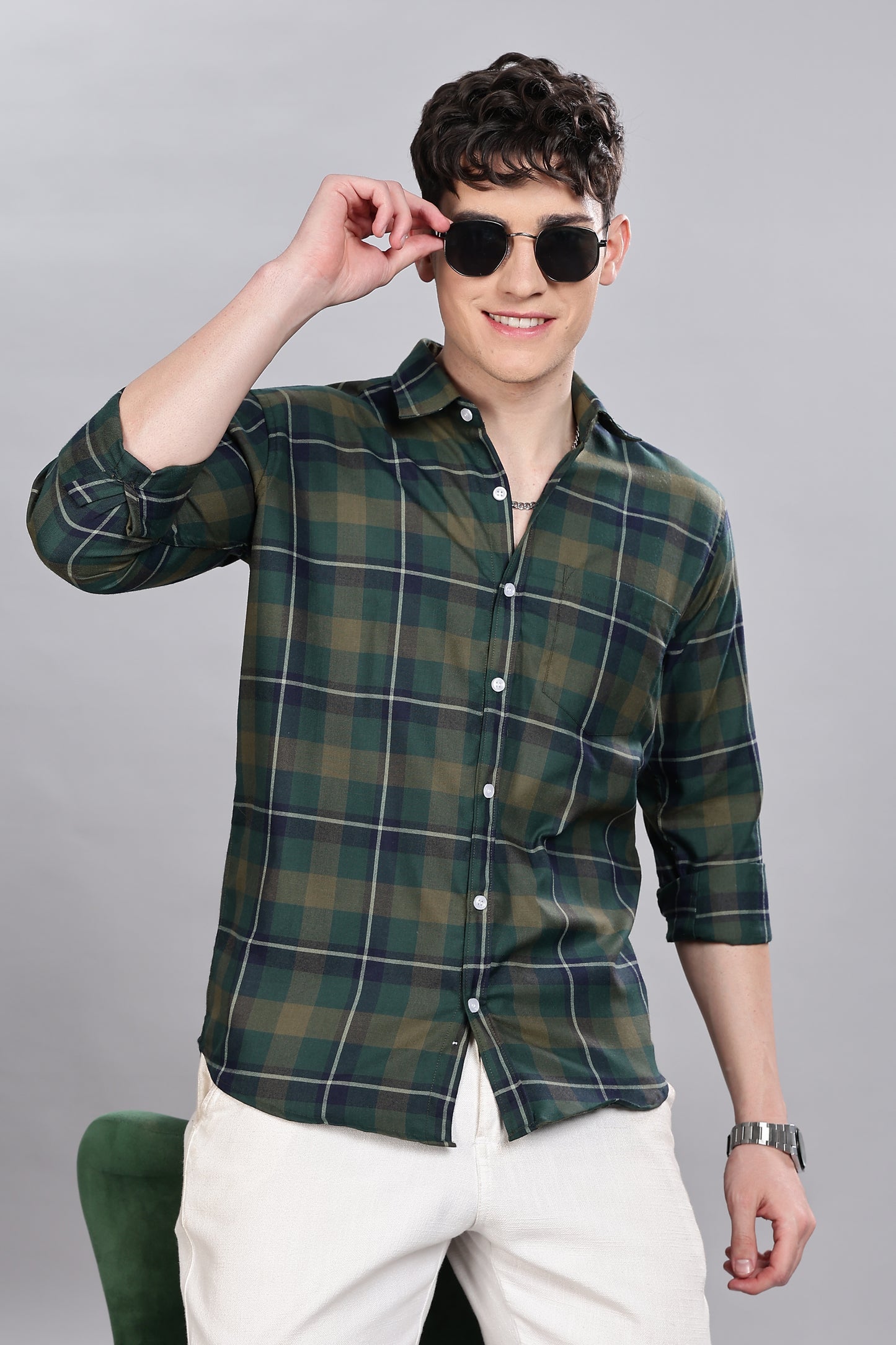 Olive Green Checks Full Sleeves Shirt