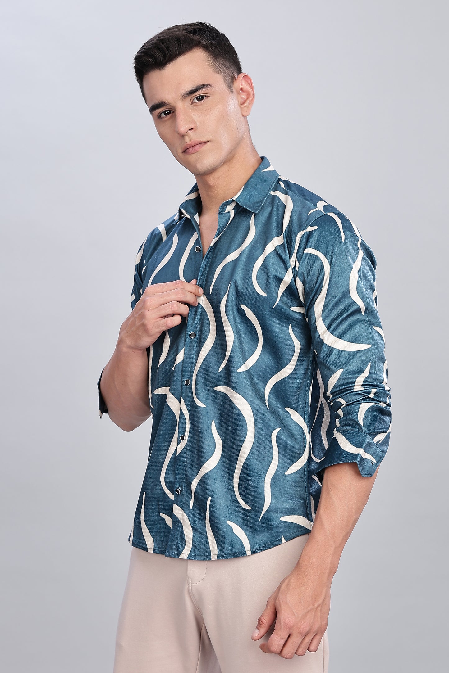 Teal Blue with Abstract Wave Pattern Shirt