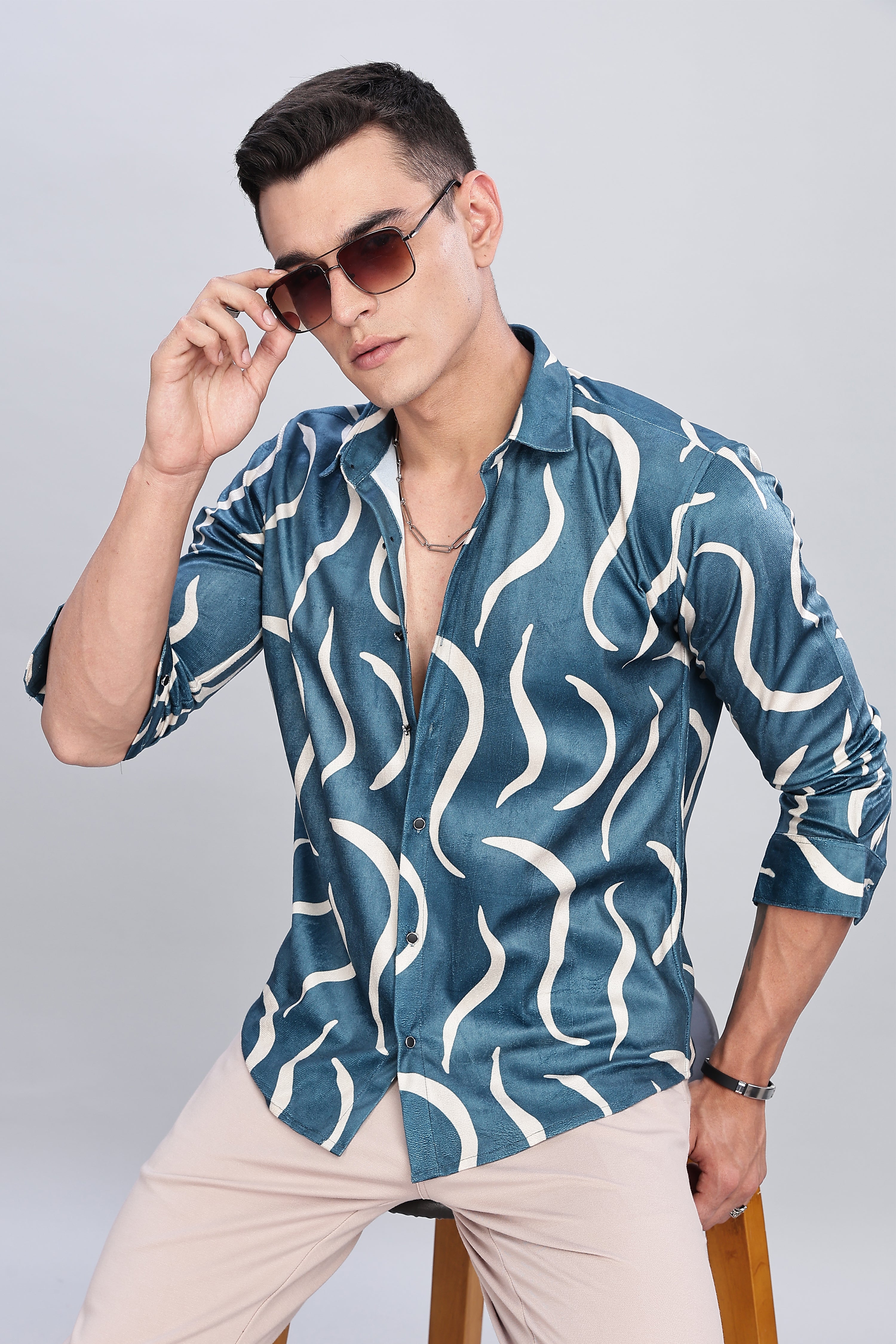 Teal Blue with Abstract Wave Pattern Shirt